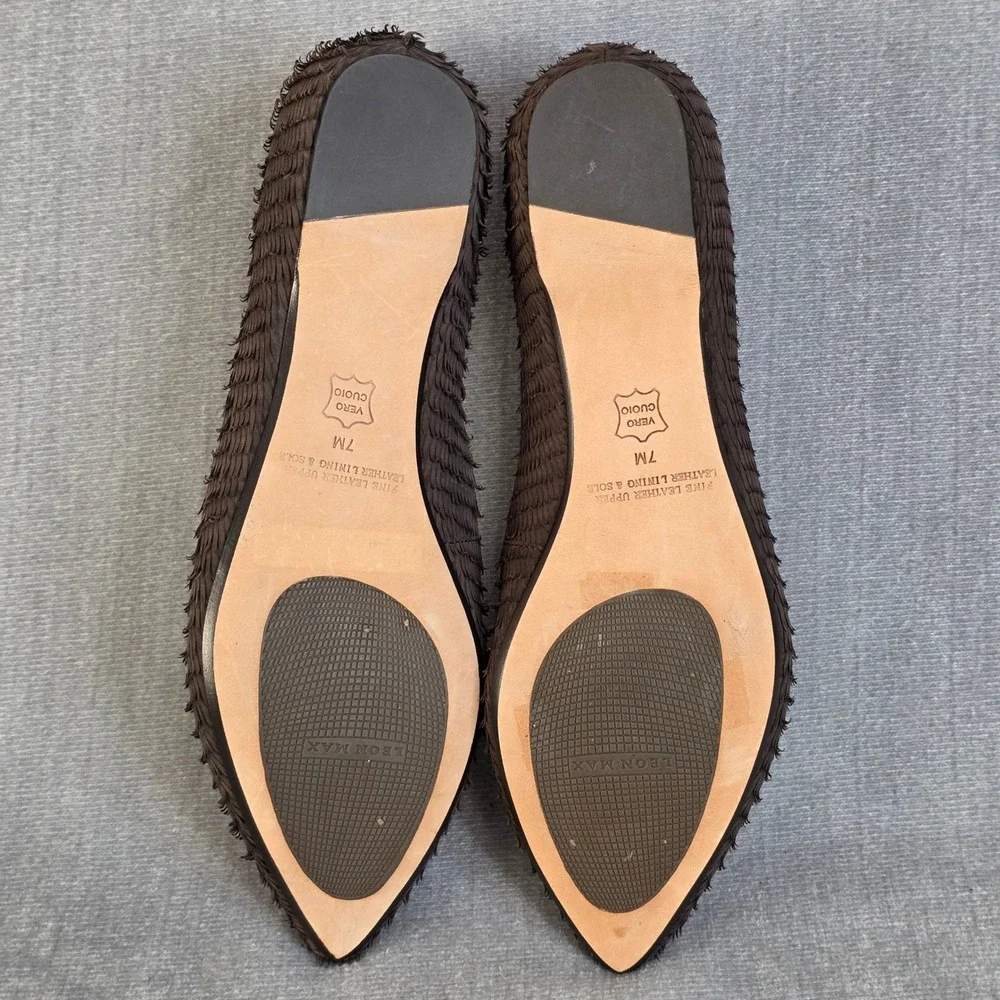 Leon Max Pointed Toe Flats Womens 7M Brown Textured Leather Feathered Fringe